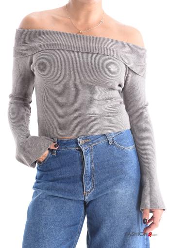 Maglione in Misto Cashmere costine maniche lunghe scollo alla bardot - ph 1